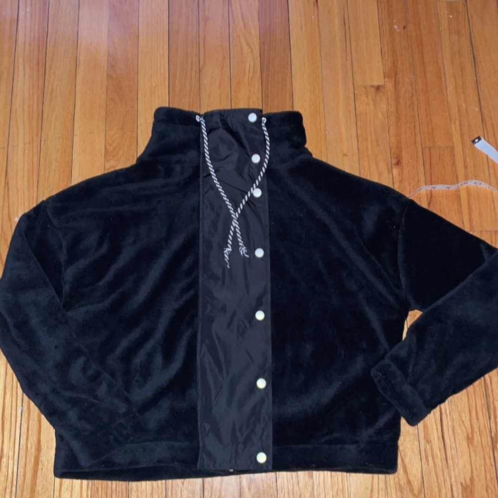 NWT Love + Joy Cropped Fleece Jacket, Zip/Snap Closure, Black
